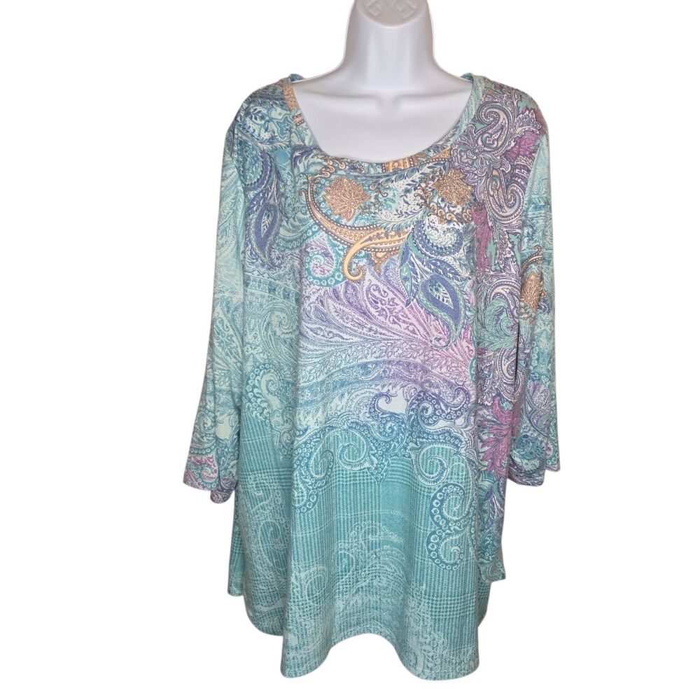 ​CJ Banks 2X Blue Paisley Rhinestone Embellished 3/4 Sleeve Scoop Neck Top Tunic